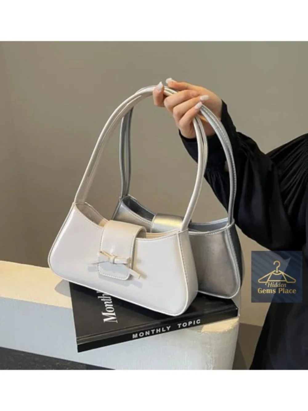 Patent Leather Hobo Handbag with Bow Detail Y2K Shoulder Bag